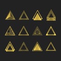 Golden art deco and line equilateral triangles motifs and icons set on black