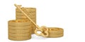 Golden asset key and gold coin stacks isolated on white background. 3D illustration Royalty Free Stock Photo