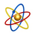 Golden atomic model with orbiting electrons in primary colors displayed mysteriously transparent background Royalty Free Stock Photo