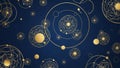 Golden atomic orbits and spheres on a deep navy blue background abstract science pattern Royalty Free Stock Photo