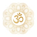 Golden Aum Om Ohm symbol in decorative round mandala ornament.