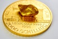 Golden austrian philharmoniker one ounce coin laying on a heap of golden nuggets, golden ore