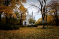 Golden autumn in the Alexandria park. Peterhof, Leningrad region. View of the gothic cappella