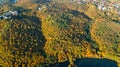 Golden autumn background, aerial drone view of forest with yellow trees and beautiful lake landscape from above, Kiev Royalty Free Stock Photo