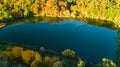 Golden autumn background, aerial drone view of forest with yellow trees and beautiful lake landscape from above, Kiev Royalty Free Stock Photo