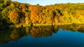 Golden autumn background, aerial drone view of forest with yellow trees and beautiful lake landscape from above, Kiev Royalty Free Stock Photo