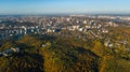 Golden autumn background, aerial drone view of forest with yellow trees and beautiful lake landscape from above, Kiev, Ukraine Royalty Free Stock Photo