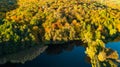 Golden autumn background, aerial drone view of forest with yellow trees and beautiful lake landscape from above, Kiev, Ukraine Royalty Free Stock Photo