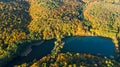 Golden autumn background, aerial view of forest with yellow trees and beautiful lake landscape from above, Kiev, Goloseevo forest Royalty Free Stock Photo