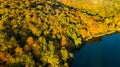 Golden autumn background, aerial view of forest with yellow trees and beautiful lake landscape from above, Kiev, Goloseevo forest Royalty Free Stock Photo