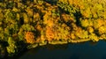 Golden autumn background, aerial view of forest with yellow trees and beautiful lake landscape from above, Kiev, Goloseevo forest Royalty Free Stock Photo