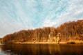 Golden autumn in a beautiful city park Tsaritsyno in Moscow. Landscape of lake with autumn trees reflection Royalty Free Stock Photo