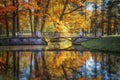 Golden Autumn in Catherine Park, Tsarskoye Selo. The city of Pushkin, Leningrad region. Metallic bridge Royalty Free Stock Photo