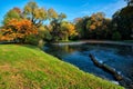 Golden autumn fall October in famous Munich relax place - Englishgarten. Munchen, Bavaria, Germany