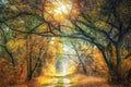 Golden autumn forest with road pass through Royalty Free Stock Photo