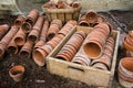 Old clay flower pots in old wooden box Royalty Free Stock Photo