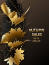 Golden autumn, Golden black autumn foliage vector sale banner.