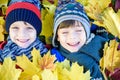 Golden Autumn, group of children lie on their backs in yellow leaves Royalty Free Stock Photo