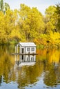 Golden autumn landscape with pond and floating duck house in park Royalty Free Stock Photo