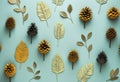 Golden autumn leaves and pine cones pattern decoration.