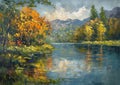 Golden Autumn: A Masterful Oil Painting of Pristine River Mounta