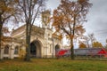 Golden autumn in Peterhof, Leningrad region. Station building, station New Peterhof