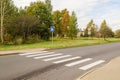 Golden autumn scenics in the town. Highway, pedestrian crossing and road sign. Crosswalk on the street for safety. Trees with Royalty Free Stock Photo