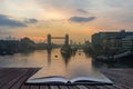 Golden Autumn sunrise over Tower Bridge in London coming out of Royalty Free Stock Photo