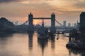 Golden Autumn sunrise over Tower Bridge in London. Royalty Free Stock Photo