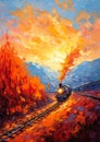 Golden Autumn Train Traveling Down Tracks at Sunset Royalty Free Stock Photo