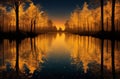 Golden Autumn Trees Reflecting in Sunset Waters: Surreal Beauty of Nature.