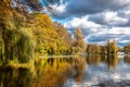 Golden autumn view in famous Munich relax place - Englischer Garten. Munich, Bavaria, Germany