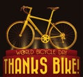 Golden Award with Bike and Grateful Sign for World Bicycle Day, Vector Illustration