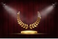 Golden award signs with podium and laurel wreath isolated on red waving curtain background under spotligts. Vector award Royalty Free Stock Photo