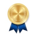 Golden award sport medal for winners with blue ribbon Royalty Free Stock Photo