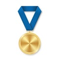 Golden award sport medal for winners with blue ribbon Royalty Free Stock Photo