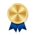 Golden award sport medal for winners with blue ribbon Royalty Free Stock Photo