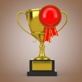 Golden Award Trophy with Red Blank Award Ribbon Rosette. 3d Rendering Royalty Free Stock Photo