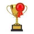 Golden Award Trophy with Red Blank Award Ribbon Rosette. 3d Rendering Royalty Free Stock Photo