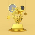 Golden Award Trophy with Thank You Sign on a Golden Pedestal with Hanging Abstract Circles. 3d Rendering