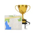 Golden Award Winner Trophy Mascot Person Character with Abstract City Plan Map. 3d Rendering