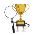 Golden Award Winner Trophy Mascot Person Character with Magnifying Glass. 3d Rendering Royalty Free Stock Photo