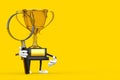 Golden Award Winner Trophy Mascot Person Character with Magnifying Glass. 3d Rendering Royalty Free Stock Photo