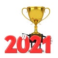 Golden Award Winner Trophy Mascot Person Character with 2021 New Year Sign. 3d Rendering