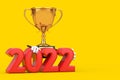 Golden Award Winner Trophy Mascot Person Character with 2022 New Year Sign. 3d Rendering