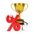 Golden Award Winner Trophy Mascot Person Character with Red Retail Percent Sale or Discount Sign. 3d Rendering