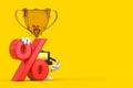 Golden Award Winner Trophy Mascot Person Character with Red Retail Percent Sale or Discount Sign. 3d Rendering