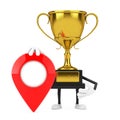 Golden Award Winner Trophy Mascot Person Character with Red Target Map Pointer Pin. 3d Rendering