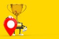 Golden Award Winner Trophy Mascot Person Character with Red Target Map Pointer Pin. 3d Rendering