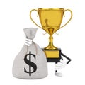 Golden Award Winner Trophy Mascot Person Character with Tied Rustic Canvas Linen Money Sack or Money Bag with Dollar Sign. 3d Royalty Free Stock Photo